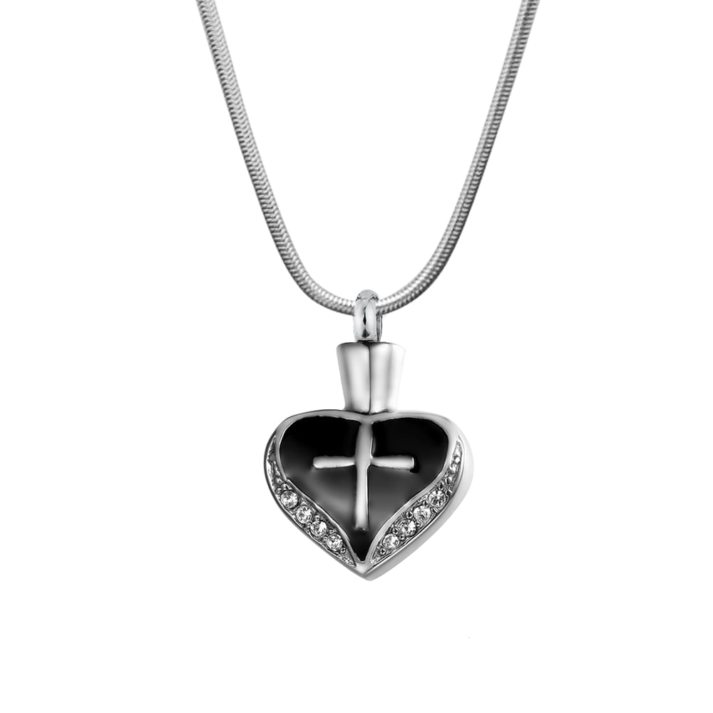 Cross on Heart Stainless Steel Ashes Keepsake Cremation Necklace for Ashes Memorial Jewelry with FREE Funnel Kit and Velvet Jewelry Box-[Black]