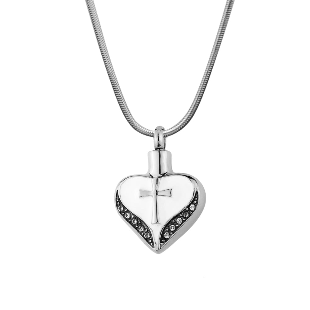 Cross on Heart Stainless Steel Ashes Keepsake Cremation Necklace for