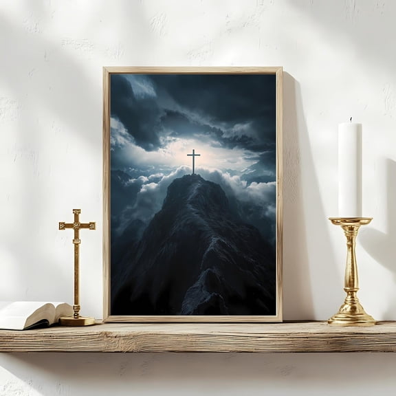 Cross on Mountain Peak Christian Wall Art