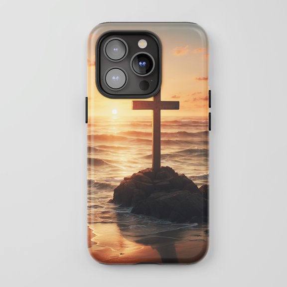 Cross on Rock Sunset iPhone Case Tough Protective Case Religious Sunset Orange