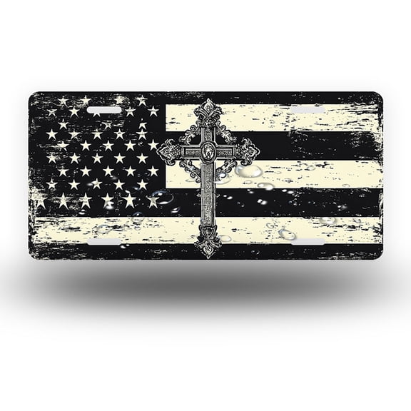 Cross on Weathered American Flag Front License Plate, Funny Standard Plates Personalized Novelty Decorative For Men/Women/Boys/Girls Car 6×12 Inch