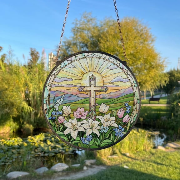 Cross on a Hill Glass Suncatcher, Cross Window Hanging Easter Christian Home, 3.5 in