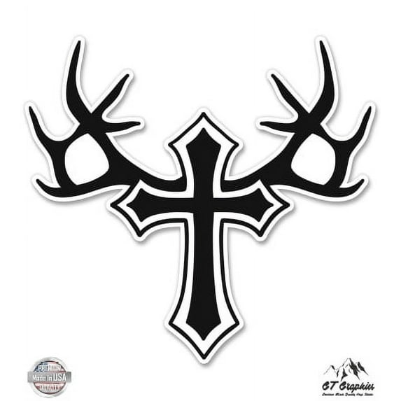 Cross with Antlers - 5" Vinyl Sticker - For Car Laptop I-Pad - Waterproof Decal