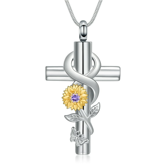 Cross with Crystal Sunflower Keepsake Pendent for Ashes and Chain Memorial Cremation Jewelry for Ashes Urn Necklace for Ashes of Loved One
