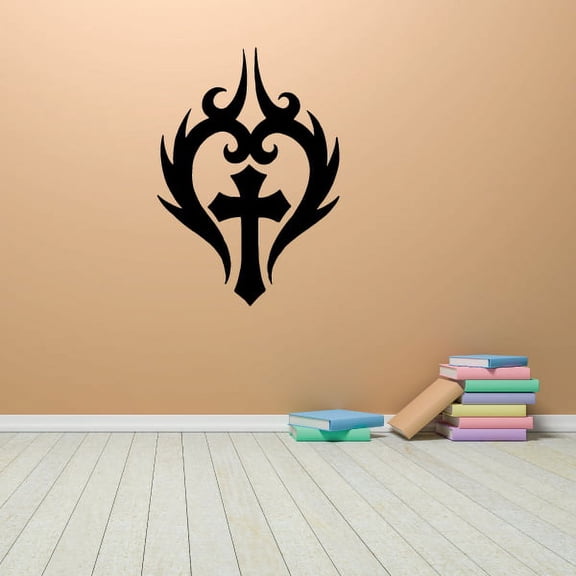 Cross with Fire Heart Decal - 36 Inches