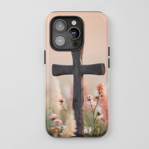 Cross with Flowers For All iPhone Series Protective Phone Case Spiritual Nature Pastel Peach