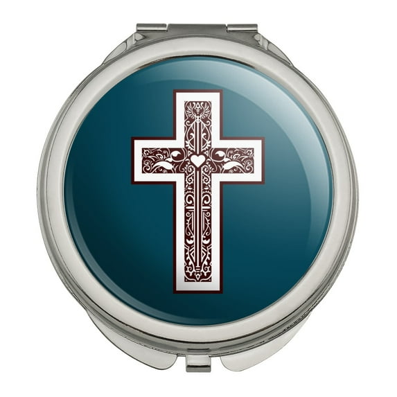 Cross with Heart Christianity Compact Travel Purse Handbag Makeup Mirror