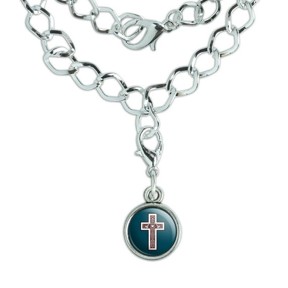 Cross with Heart Christianity Silver Plated Bracelet with Antiqued Charm