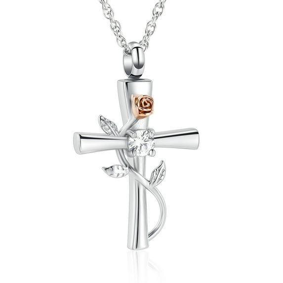 Cross with Rose Urn Necklace for Ashes Holder Cremation Jewelry for Ashes for Women Mom Birthstone April