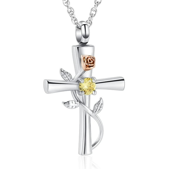 Cross with Rose Urn Necklace for Ashes Holder Cremation Jewelry for Ashes for Women Mom Birthstone March November