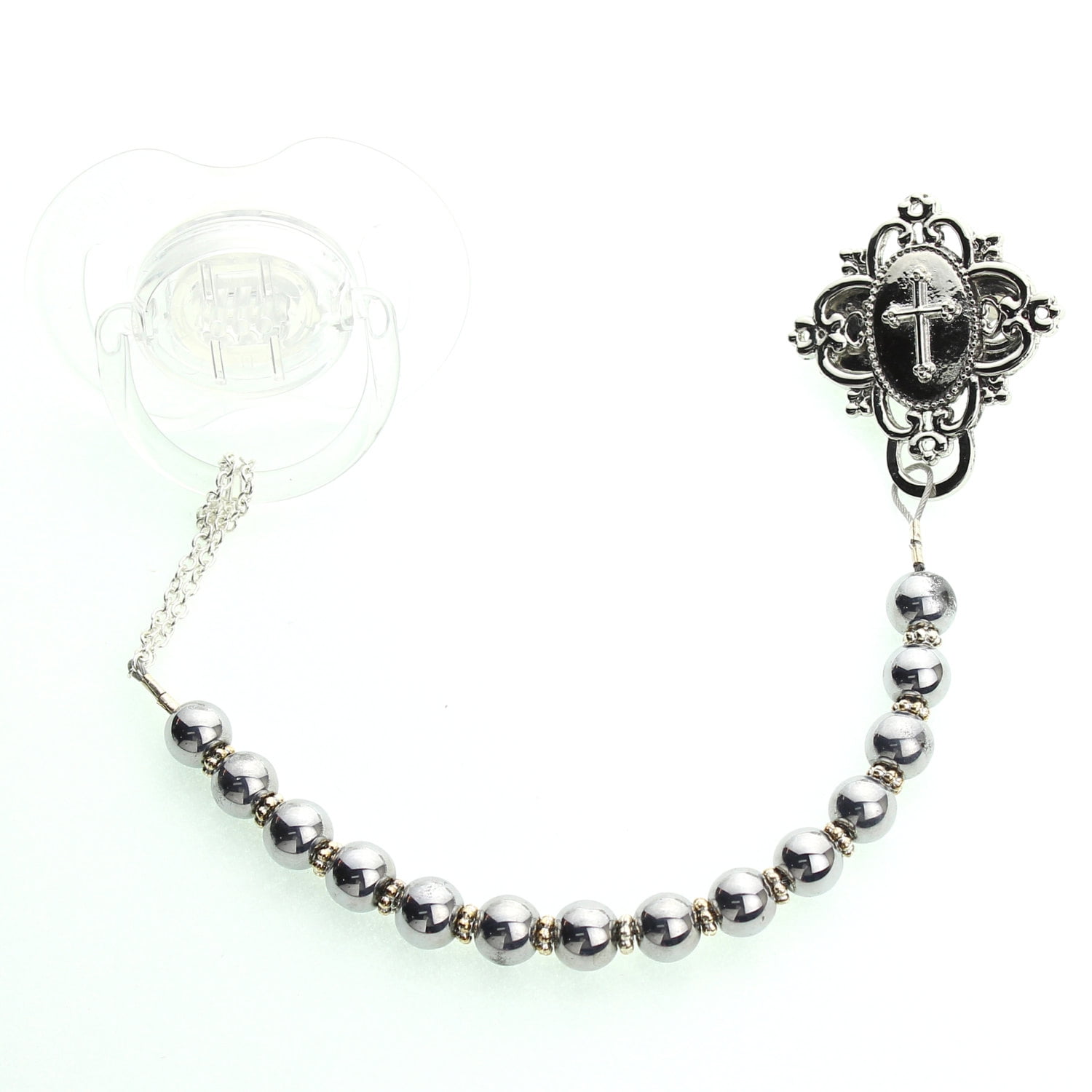 Cross with Silver Tone Pearls Pacifier Clip