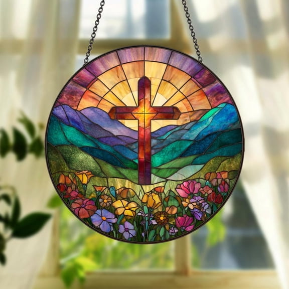 Cross with Wildflowers Glass Suncatcher, Christian Flower Cross Window Hanging, Religious Easter Faith Decor, Christian, 3.5 in