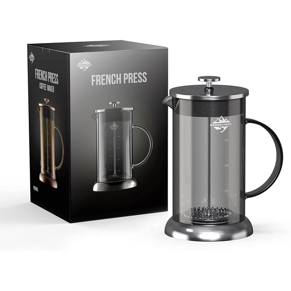 CrossCreek French Press Coffee & Milk Frother, 34oz (4 Cups) Heat Resistant Borosilicate Glass Coffee Press with 4 Filter Screens, Stainless Steel Plunger Durable Easy Clean 100% BPA Free, Cool Grey