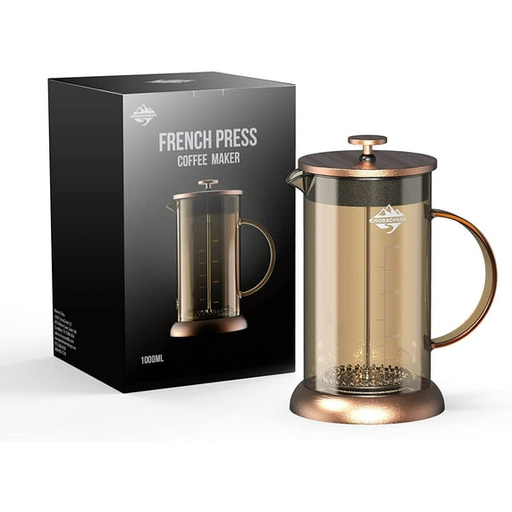 CrossCreek French Press Coffee & Milk Frother, 34oz (4 Cups) Heat Resistant Borosilicate Glass Coffee Press with 4 Filter Screens, Stainless Steel Plunger Durable Easy Clean 100% BPA Free, Copper