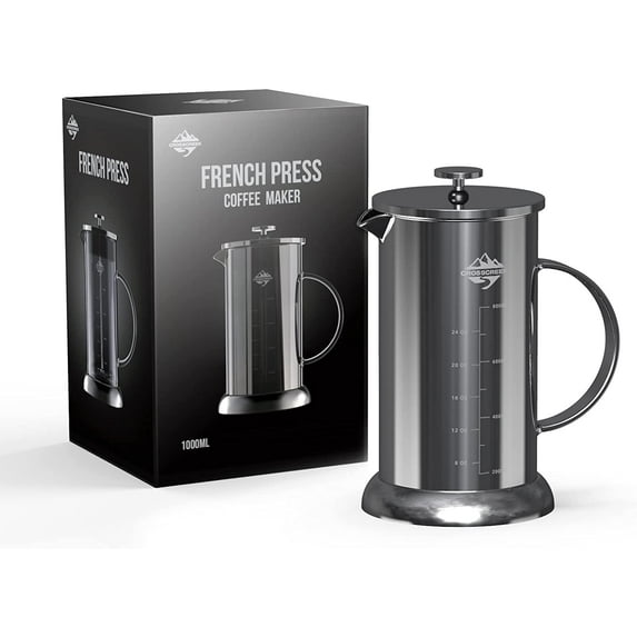 CrossCreek French Press Coffee & Milk Frother, 34oz (4 Cups) Heat Resistant Borosilicate Glass Coffee Press with 4 Filter Screens, Stainless Steel Plunger Durable Easy Clean 100% BPA Free, Stainless S