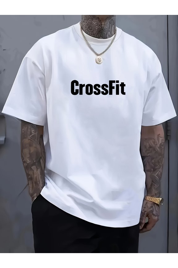 CrossFit" Letter Print T-Shirt - Soft Polyester, Men's Casual Crew Neck Short Sleeve, Machine Washable - Perfect for Summer