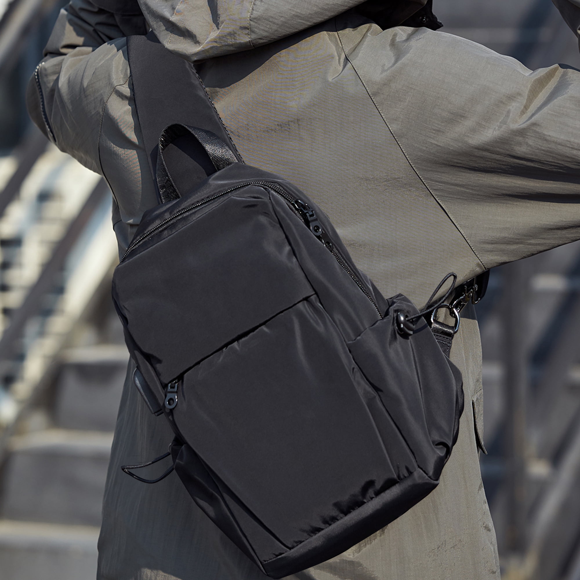 Crossbody Backpack Sling Bag for Men Women, Black Messenger Shoulder Bag  for School Work Travel 