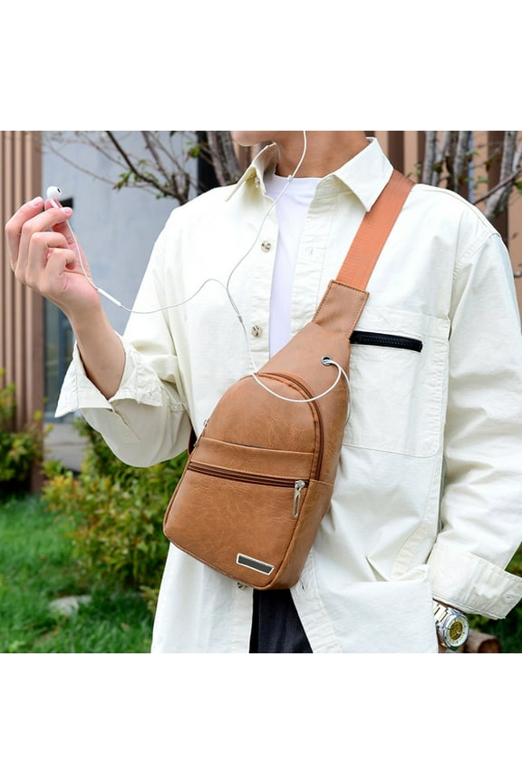 Crossbody Backpack with USB and Headphone Hole, Hiking Multipurpose Chest Sling Bag, Water Resistant Daypack, Khaki Coffee, 30x17x5cm