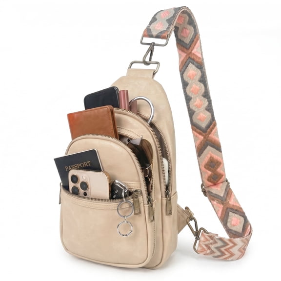 Crossbody Bag, Water Resistant PU Leather Sling Bag Fanny Pack Bum Bag, Small Travel Bag with Adjustable Strap, Beige