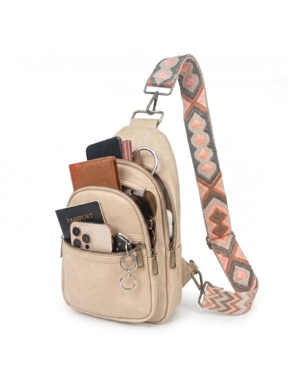 Crossbody Bag, Water Resistant PU Leather Sling Bag Fanny Pack Bum Bag, Small Travel Bag with Adjustable Strap, Beige