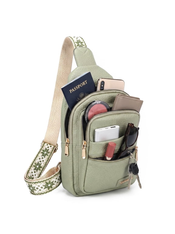 Crossbody Bag, Water Resistant PU Leather Sling Bag Fanny Pack Bum Bag, Small Travel Bag with Back Pocket, Green