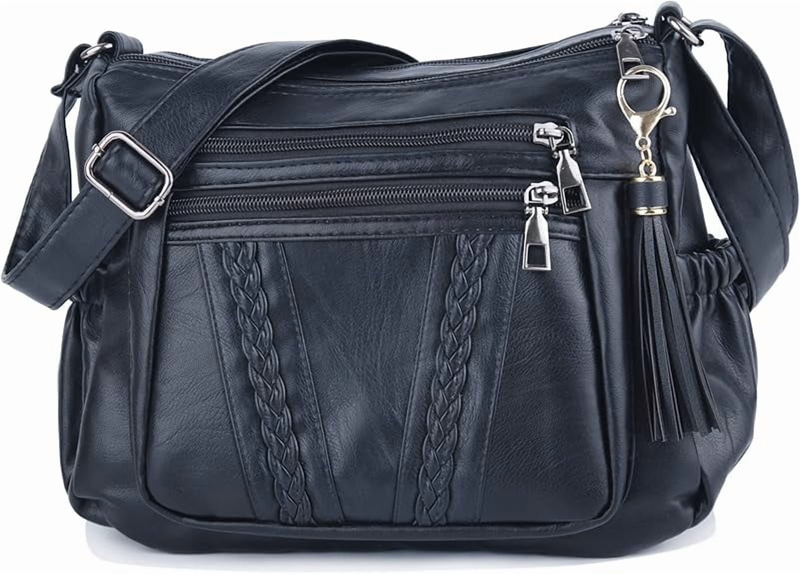 Women's Leather Crossbody Shoulder Bag - Multi Pocket, PU Leather, Black, Medium Size