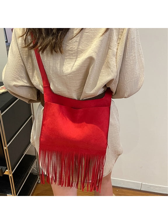 Crossbody Bags Square Handbag for Women Crossbody Handbag Fringe Purse Tassel Shoulder Bag Wallet (Red)