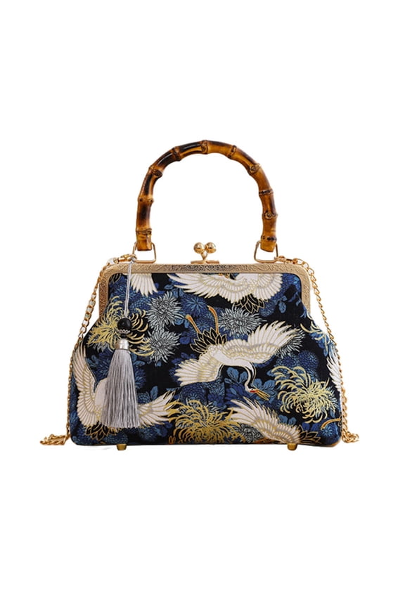 Crossbody Bags for Women, Beach Bag, Hand Embroidered Tot Bag, Natural Bamboo carry handle Bag, Retro Handbags for Women Vacation Travel Daily Matching