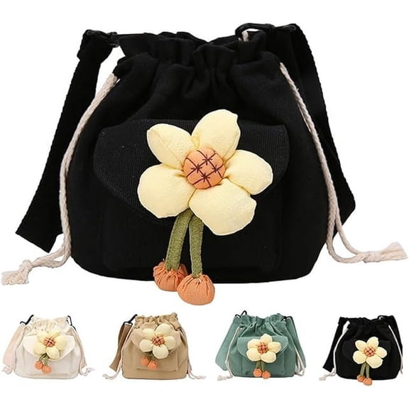 Crossbody Bags for Women, Canvas Tote Bags, Flower Print Drawstring Bucket Bag for Women, Cute Vintage Adjustable Crossbody Shoulder to Meet the Needs of Daily Outside Carrying, Black