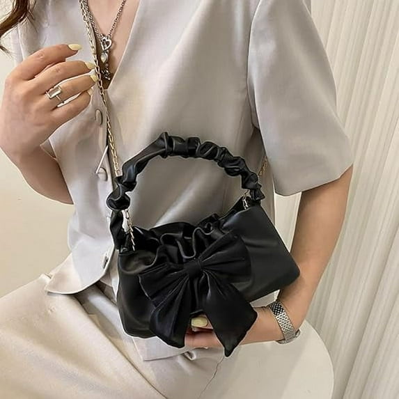 Crossbody Bags for Women, Leather Handbags, Small Bow Purse with Chain Strap for Women, Cute Elegant Underarm Bag with Top Carry Handle and Bow Knot, Black