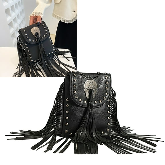 Crossbody Bags for Women, Shoulder Bag for Women, PU Leather Wear Resistant Waterproof Simple Fashionable Tassel Handbag with Riveter and Chain to Match All Kinds of Occasions, Black