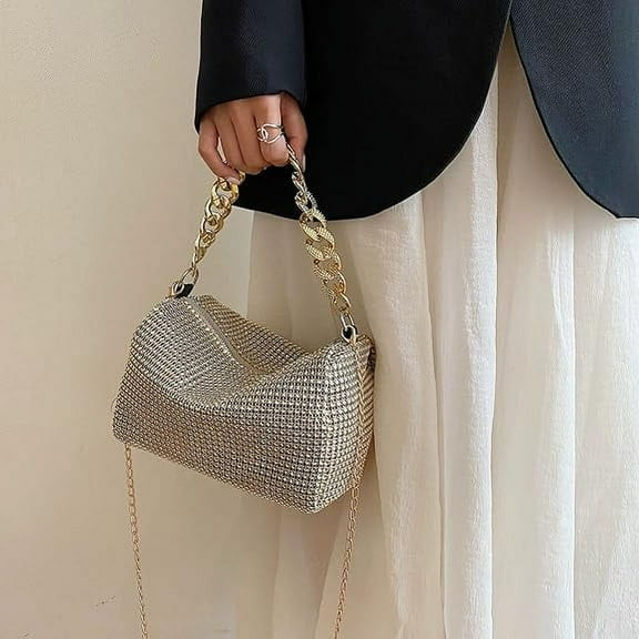 Crossbody Bags for Women, Shoulder Bags, PU Leather Glittering Trend Clutch Bag with One Interior Zipped Pocket for Daily or Party, Small But Roomy Handbags Surprisingly Fits A Lot of Things, Gold