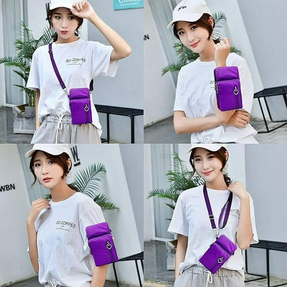 Crossbody Bags for Women, Small Shoulder Bag, Nylon Waterproof Mini Cell Phone Wallet, Travel Purse for Vocation with Earphone Hole, Elastic Strap and Detachable / Adjustable Shoulder Strap, Purple
