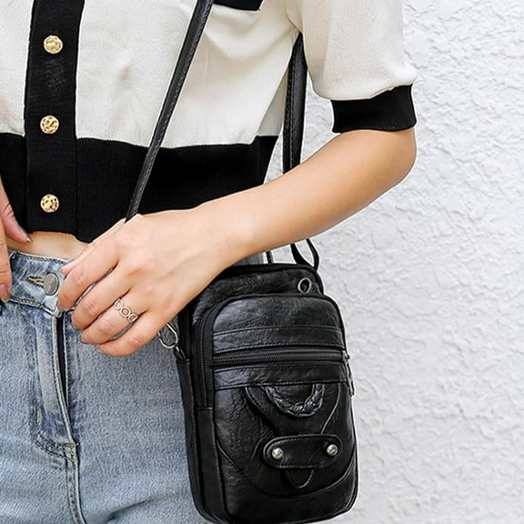 Crossbody Bags for Women, Soft Leather Cell Phone Bag, Mini Purses for Women Crossbody with Zip Closure and Adjustable Strap, Travel Small Sling Bag, Black