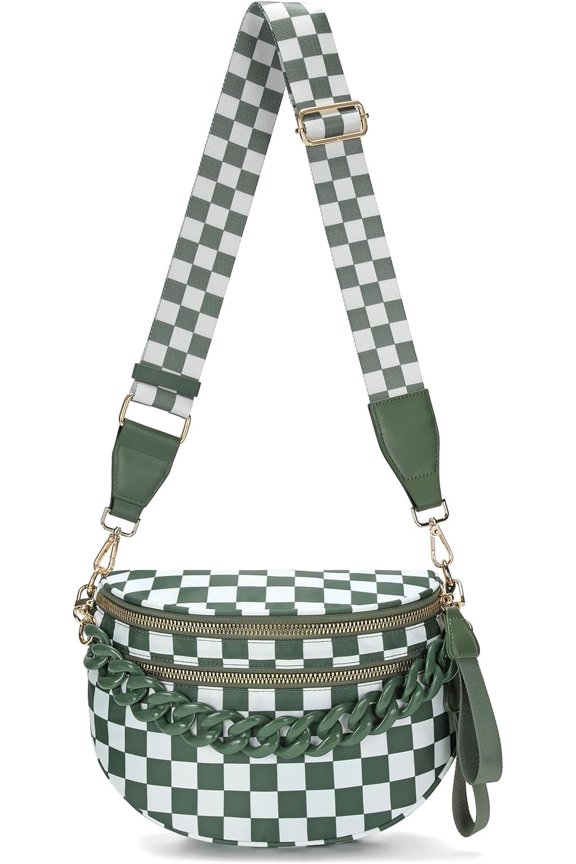 Crossbody Bags for Women Chain Bum Handbag, Checkered Strap Roomy Versatile Mom-Friendly Bag with Multiple Pockets