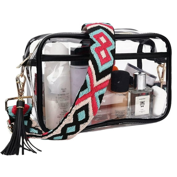 Crossbody Bags for Women,Clear bags Stadium Approved with Guitar Straps,Clear Crossbody Purse Transparent Daypack Backpack for Sports Events - black