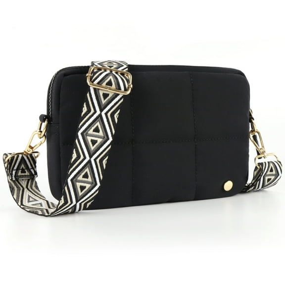 Crossbody Bags for Women Cross Body Purse with Guitar Strap Lightweight Puffer Shoulder Bag for Travel（Black）