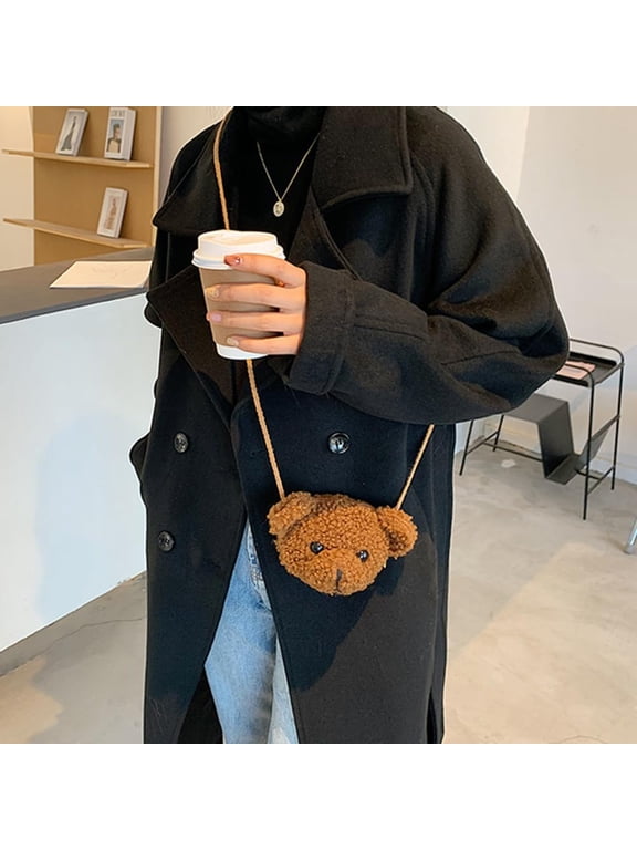 Crossbody Bags for Women, Coin Purse, Cartoon Faux Fur Bear Head Handbag, Cartoon Teddy Bear Coin Purse Plush Stuffed Animal Purse, Y2K Fluffy Fuzzy Tote Bag, Brown