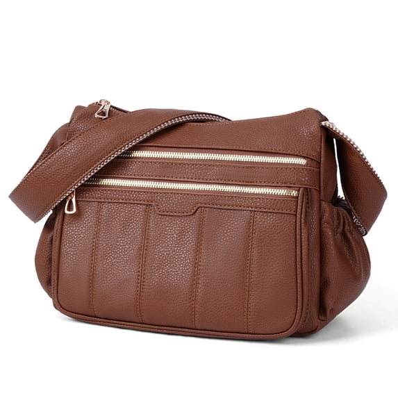 Crossbody Bags for Women, Leather Cross body Travel Purse with Adjustable Strap, Women's Shoulder Handbag with Multi Zipper Pocket for Gift, Brown