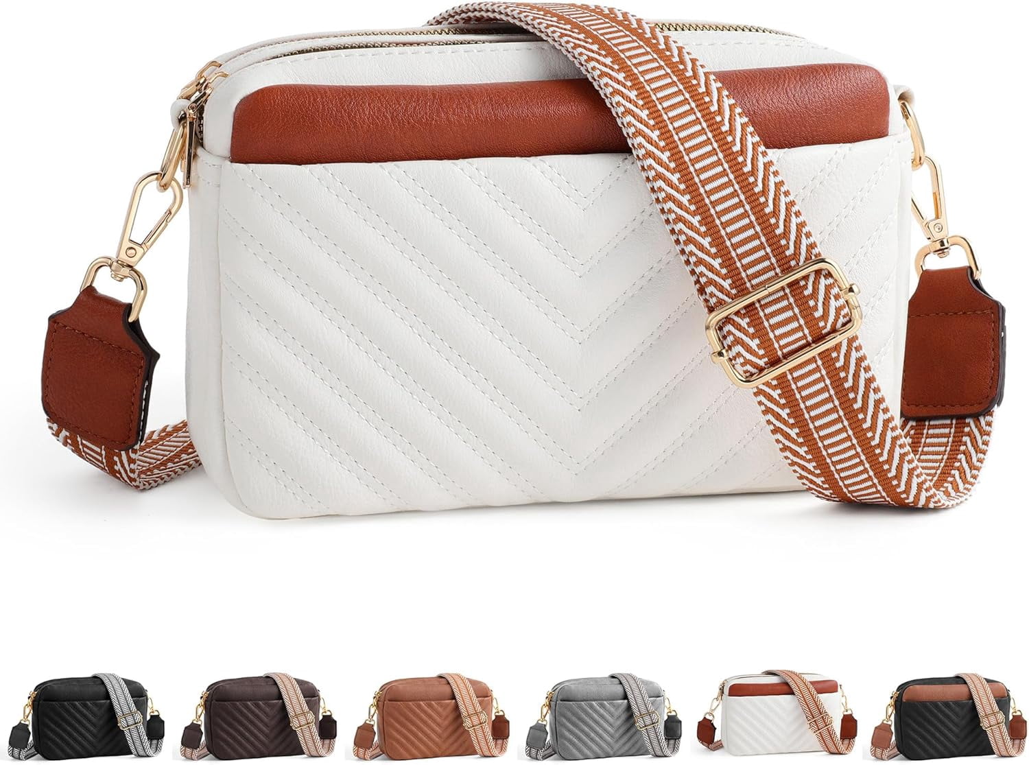 Crossbody Bags for Women - Leather Crossbody Purse with Wide Strap Quilted Small Crossbody Bags for Women