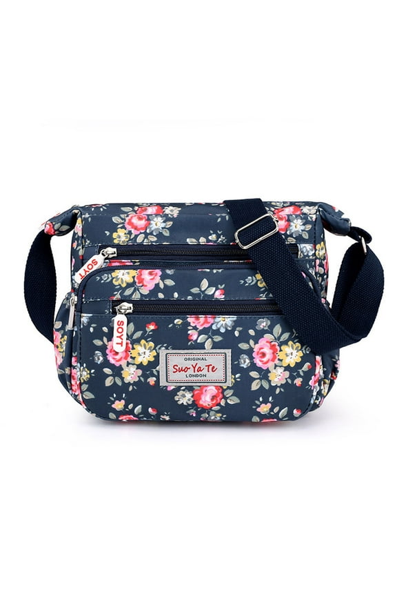 Crossbody Bags for Women Nylon Shoulder Bag with Floral Printed Multi-Pocket Purses and Handbags Large Capacity with Adjustable Strap Blue