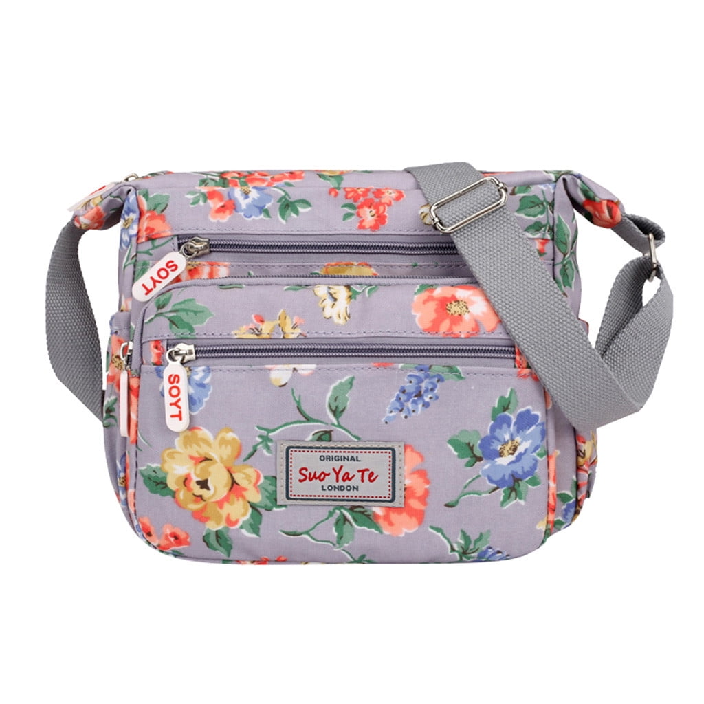 Crossbody Bags for Women Nylon Shoulder Bag with Floral Printed Multi-Pocket Purses and Handbags Large Capacity with Adjustable Strap Gray