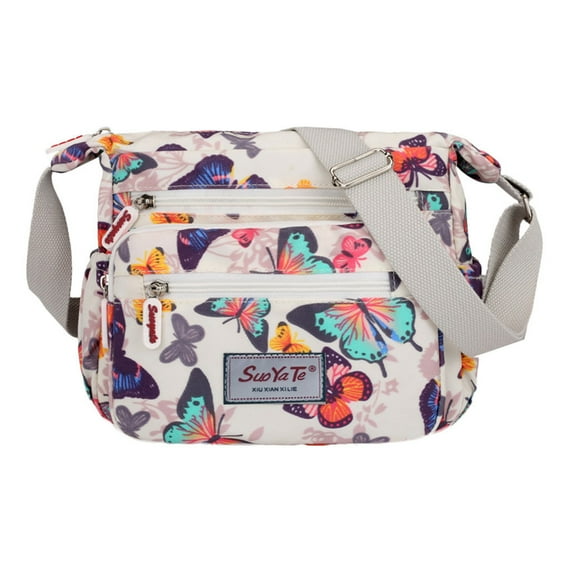 Crossbody Bags for Women Nylon Shoulder Bag with Floral Printed Multi-Pocket Purses and Handbags Large Capacity with Adjustable Strap White