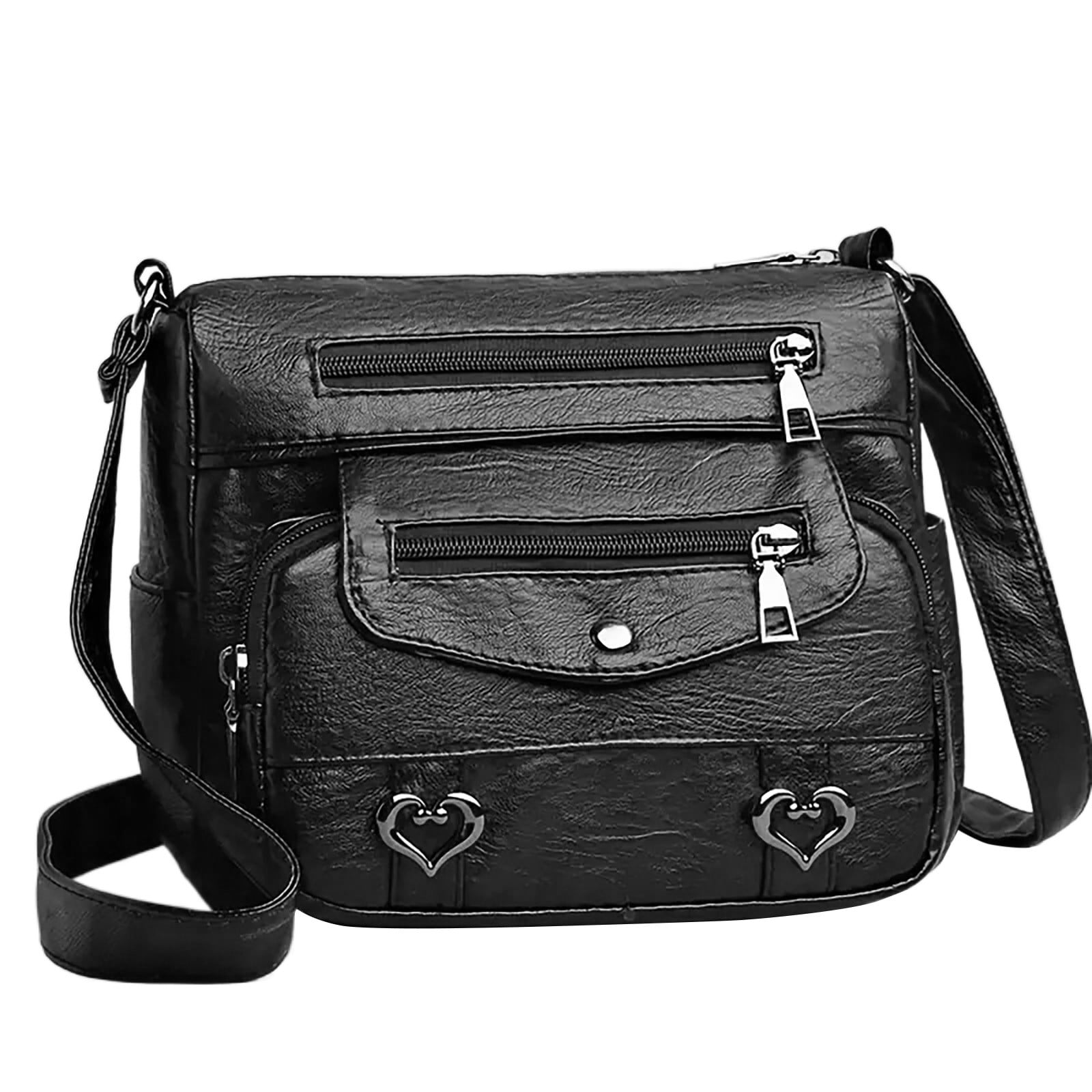 Crossbody Bags for Women Pocketbooks Soft PU Leather Purses and Handbags Multi Pocket Vintage Shoulder Bag with Heart Decor Black