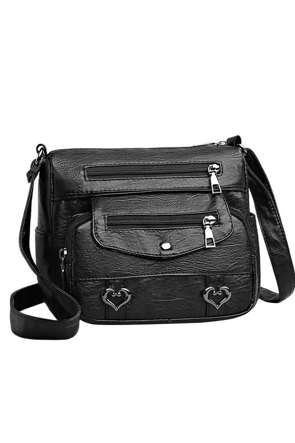Crossbody Bags for Women Pocketbooks Soft PU Leather Purses and Handbags Multi Pocket Vintage Shoulder Bag with Heart Decor Black
