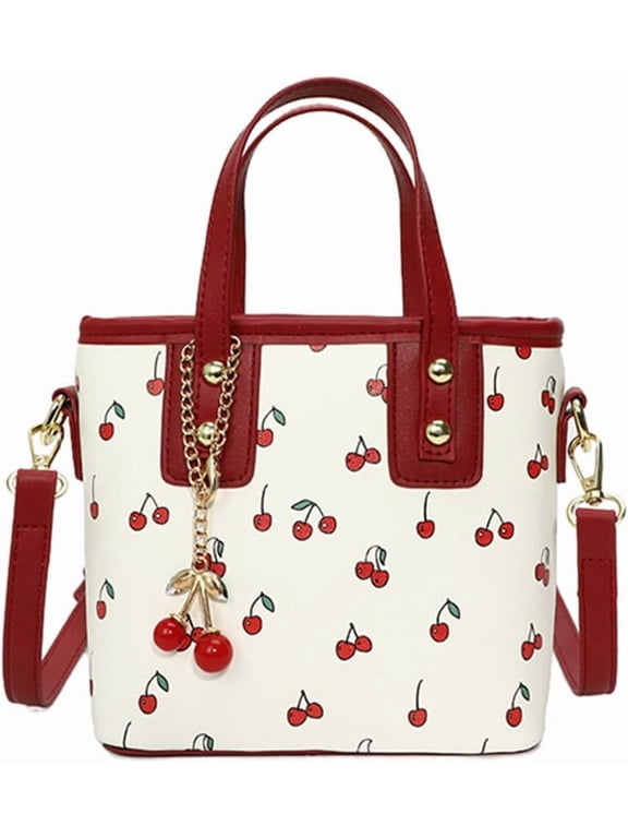 Crossbody Bags for Women, Small Cherry Print Shoulder Bag Cute Leather Tote Bag,Cherry Red Purse with Shoulder Strap