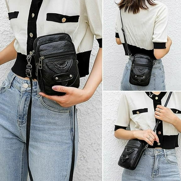 Crossbody Bags for Women, Small Crossbody Bag, Leather Layered Pockets Small Crossbody Wallet Purse and Bags with Zip Closure for Women, Black