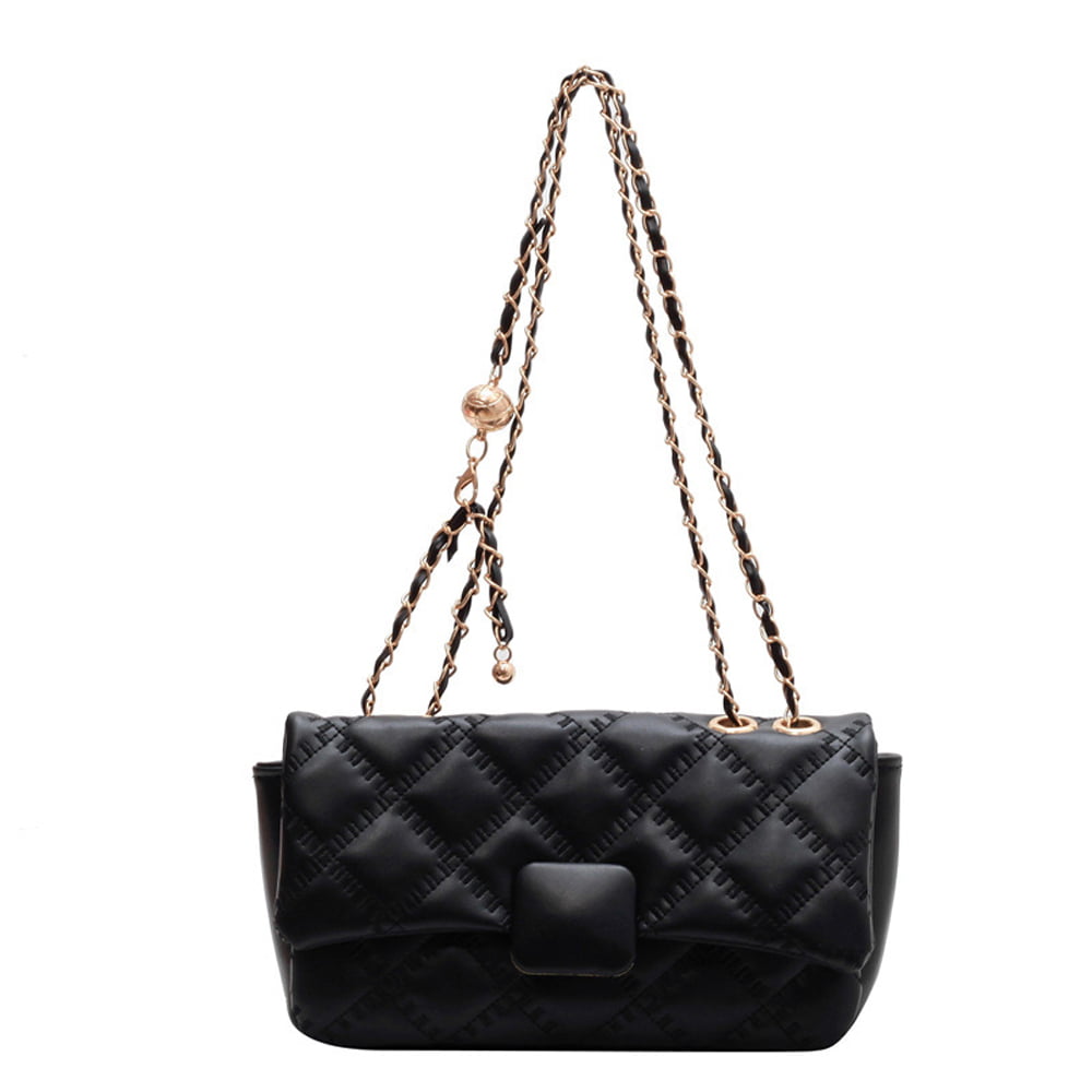 Real Leather Quilted Small Black Crossbody Purse with Leather and Silver Chain Strap for Women
