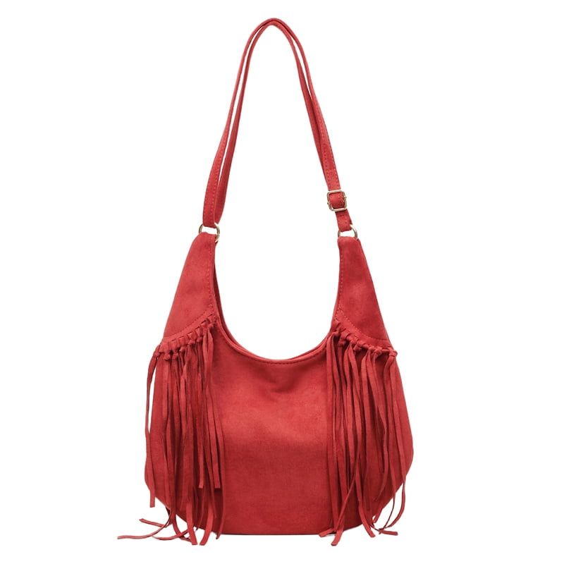 Crossbody Bags for Women, Women Faux Suede Tassel Handbag Adjustable Strap For Work Travel (Red)
