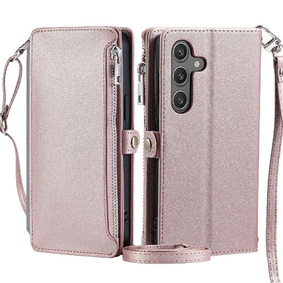 Crossbody Case For Samsung Galaxy S24 Zipper Bills Slot 9 Card Slots Case Wallet RFID Blocking Long Lanyard